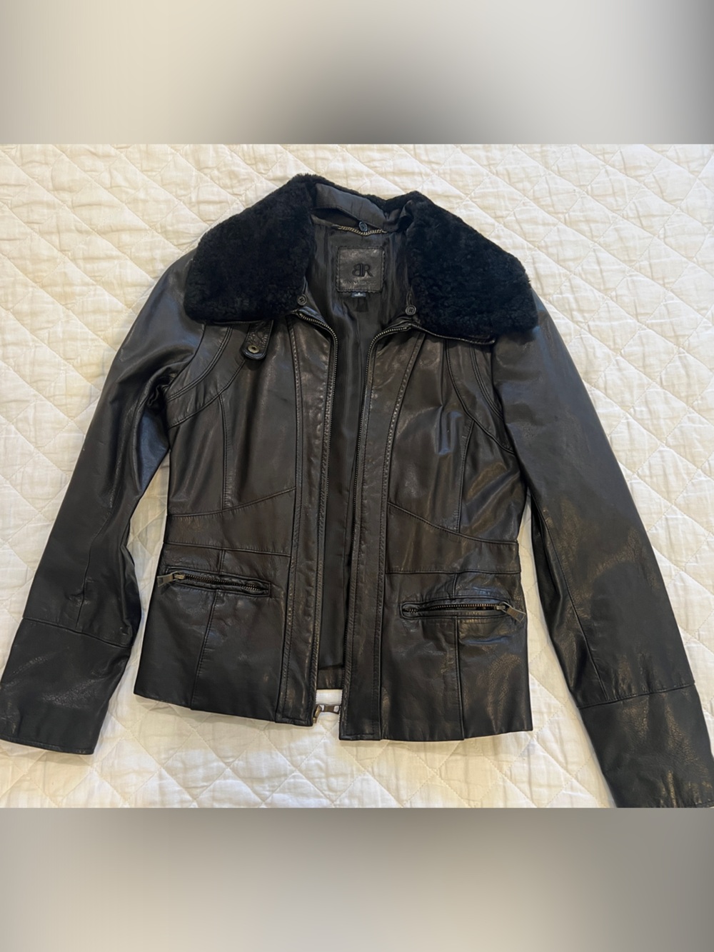 Women’s Small Banana Republic Black Leather Jacket w/Removable Shearling Collar